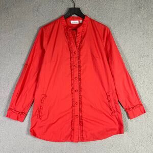 Joan Rivers Red Ruffle Button Blouse M Medium Cotton Blend Long Sleeve Top‎